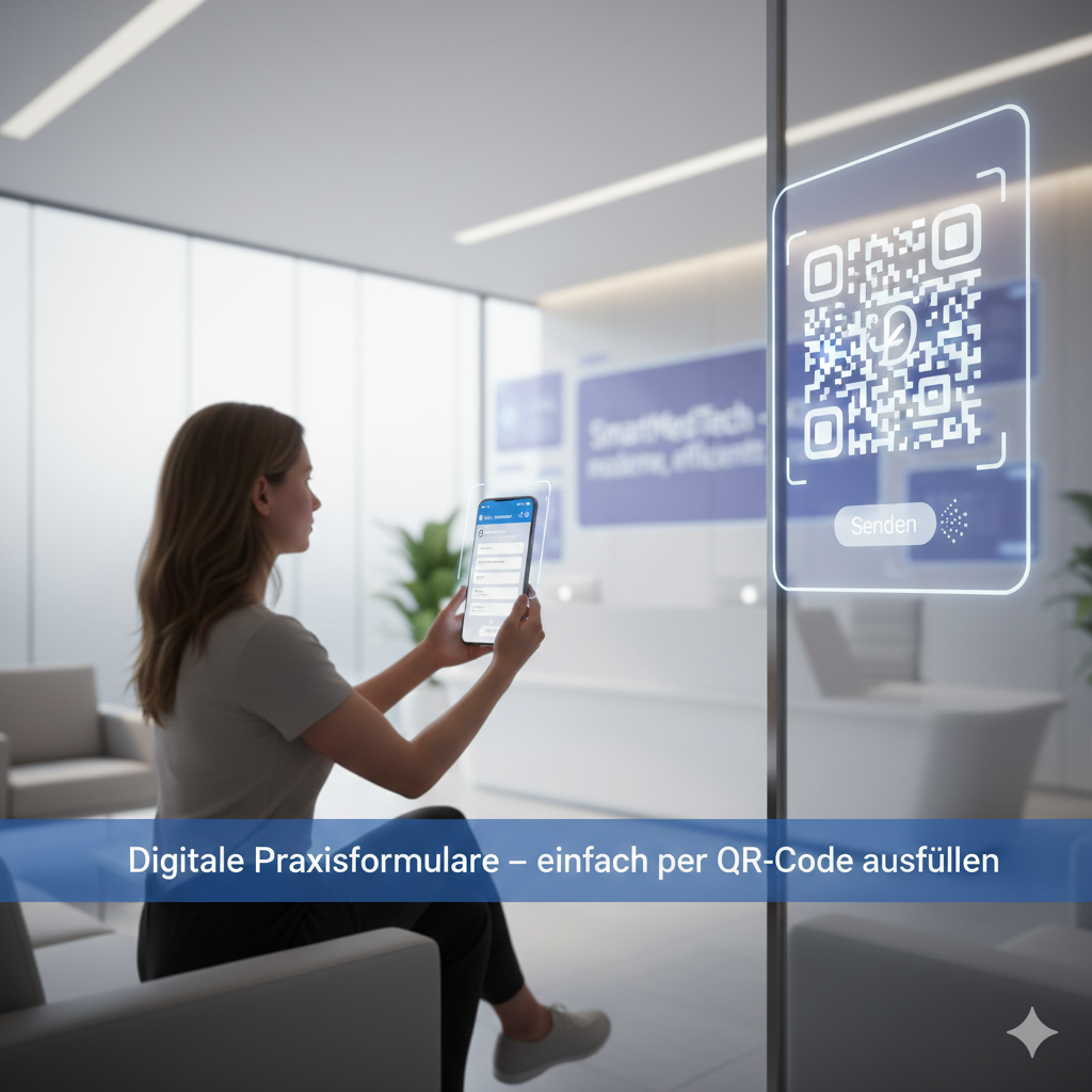 Patientin füllt digitales Praxisformular per QR-Code auf dem Smartphone aus